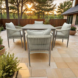 Bali 5-Piece Brown Wood-look Aluminum Outdoor Dining Table Set with a Square Dining Table and Cast Natural Cushions