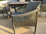 Bali 5-Piece Brown Wood-look Aluminum Outdoor Dining Table Set with a Square Dining Table and Cast Natural Cushions