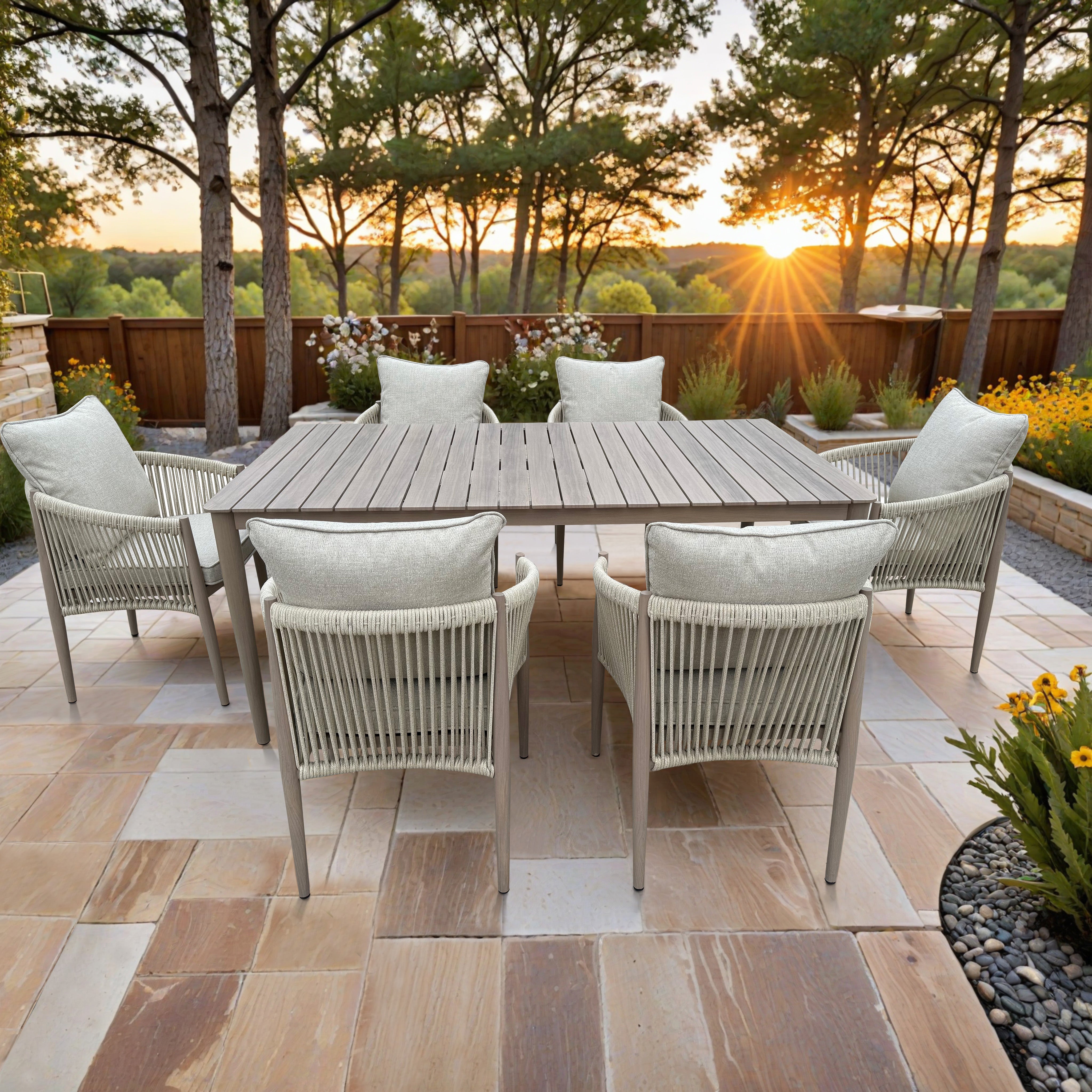Bali 7-Piece Brown Wood-look Aluminum Outdoor Dining Table Set with Cast Natural Cushions