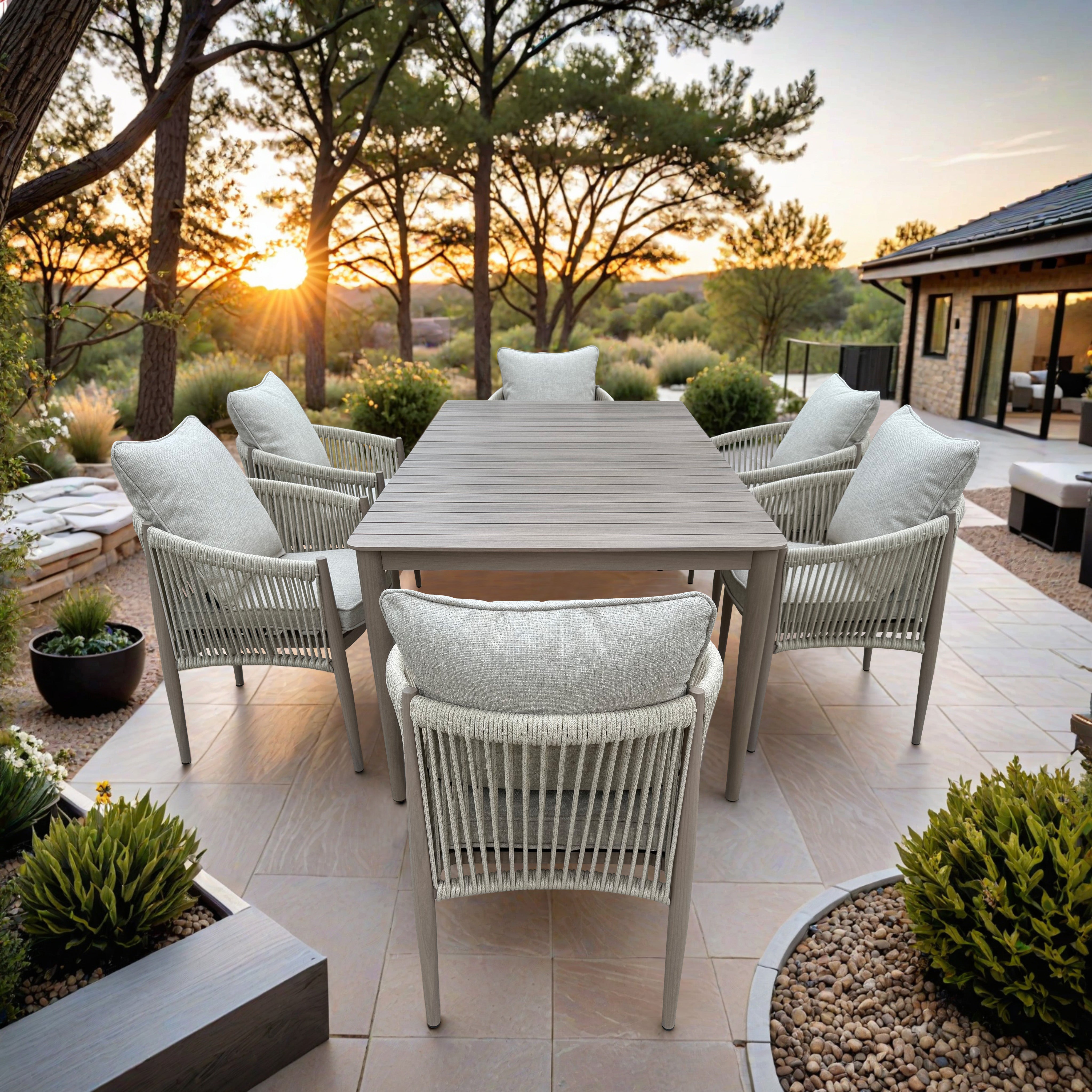 Bali 7-Piece Brown Wood-look Aluminum Outdoor Dining Table Set with Cast Natural Cushions