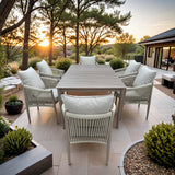 Bali 7-Piece Brown Wood-look Aluminum Outdoor Dining Table Set with Cast Natural Cushions