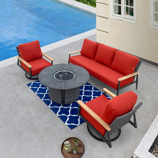 Manbo 4-Piece Wicker Patio Fire Pit Seating Set with Sunbrella Canvas Terroacotta Cushions and Round Fire Pit Table