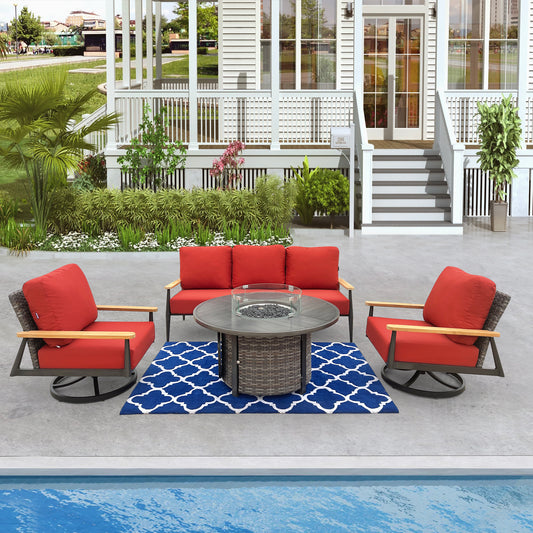 Manbo 4-Piece Wicker Patio Fire Pit Seating Set with Sunbrella Canvas Terroacotta Cushions and Round Fire Pit Table