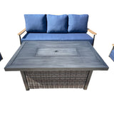 Manbo 4-Piece Wicker Patio Fire Pit Seating Set with Acrylic Spectrum Indigo Cushions and Rectangular Fire Pit Table