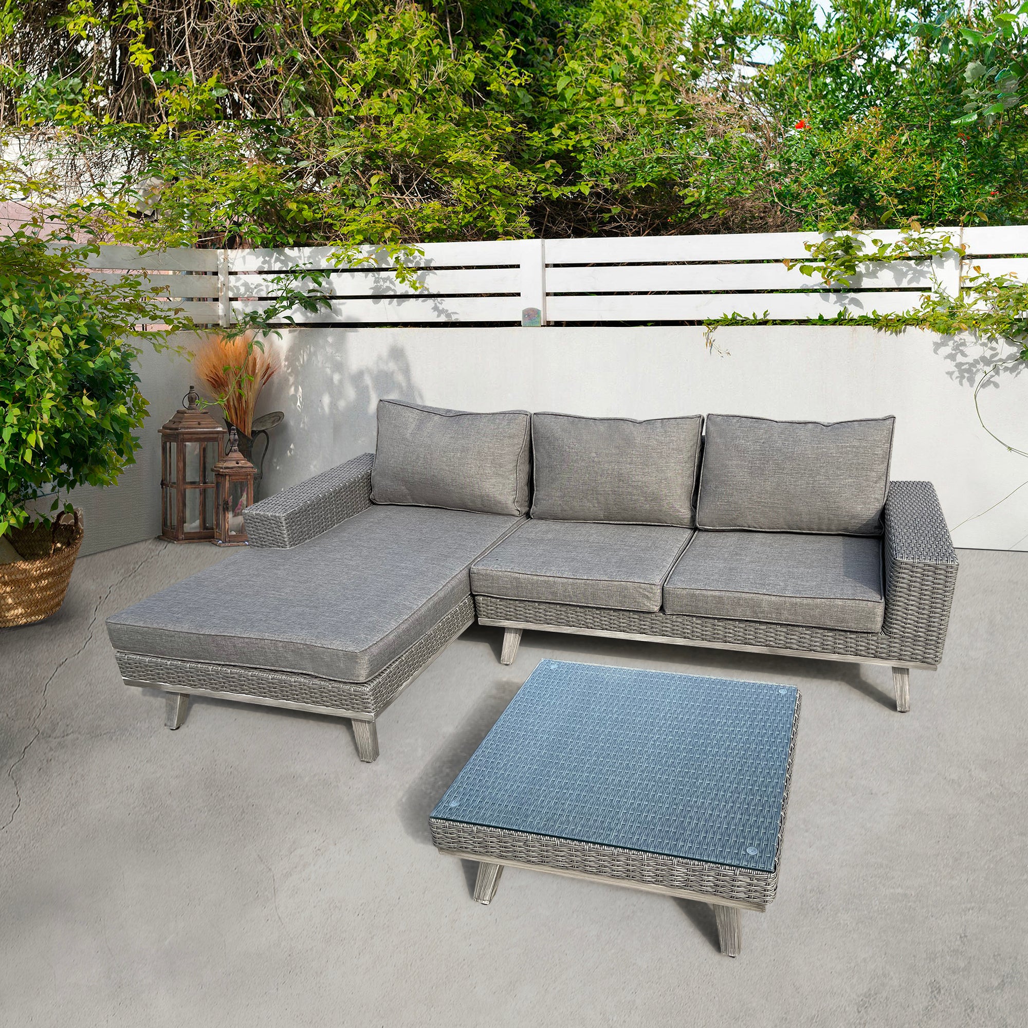 3-Piece Wicker Outdoor Patio Sectional Set with Charcoal Gray Cushions