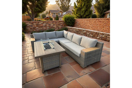 Naples 5-Piece Brown Wicker Aluminum Outdoor Patio Fire Pit Deep Sectional Seating Set with Cushions