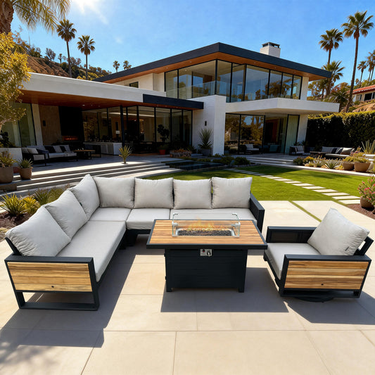 Denver 6-Piece Black Aluminum Outdoor Patio Fire Pit Deep Sectional Seating Set with Cushions