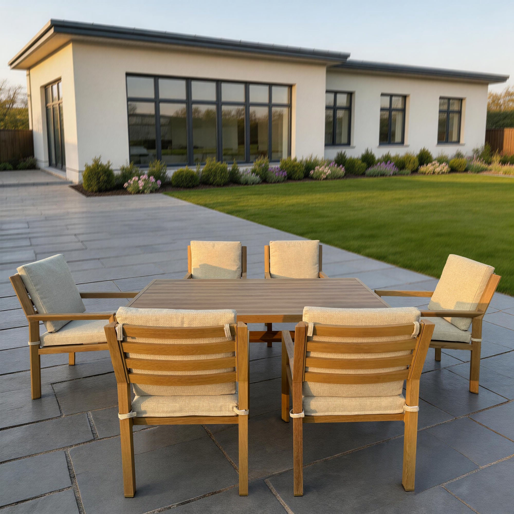 Havana 7-Piece Brown Wood-look Aluminum Outdoor Dining Table Set with Oatmeal Cushions