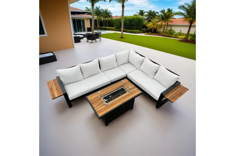 Denver 5-Piece Black Aluminum Outdoor Patio Fire Pit Deep Sectional Seating Set with Cushions