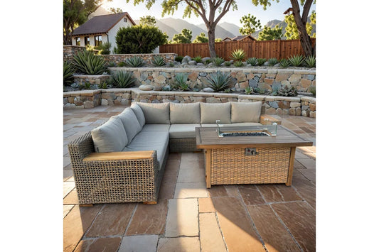 Naples 5-Piece Brown Wicker Aluminum Outdoor Patio Fire Pit Deep Sectional Seating Set with Cushions