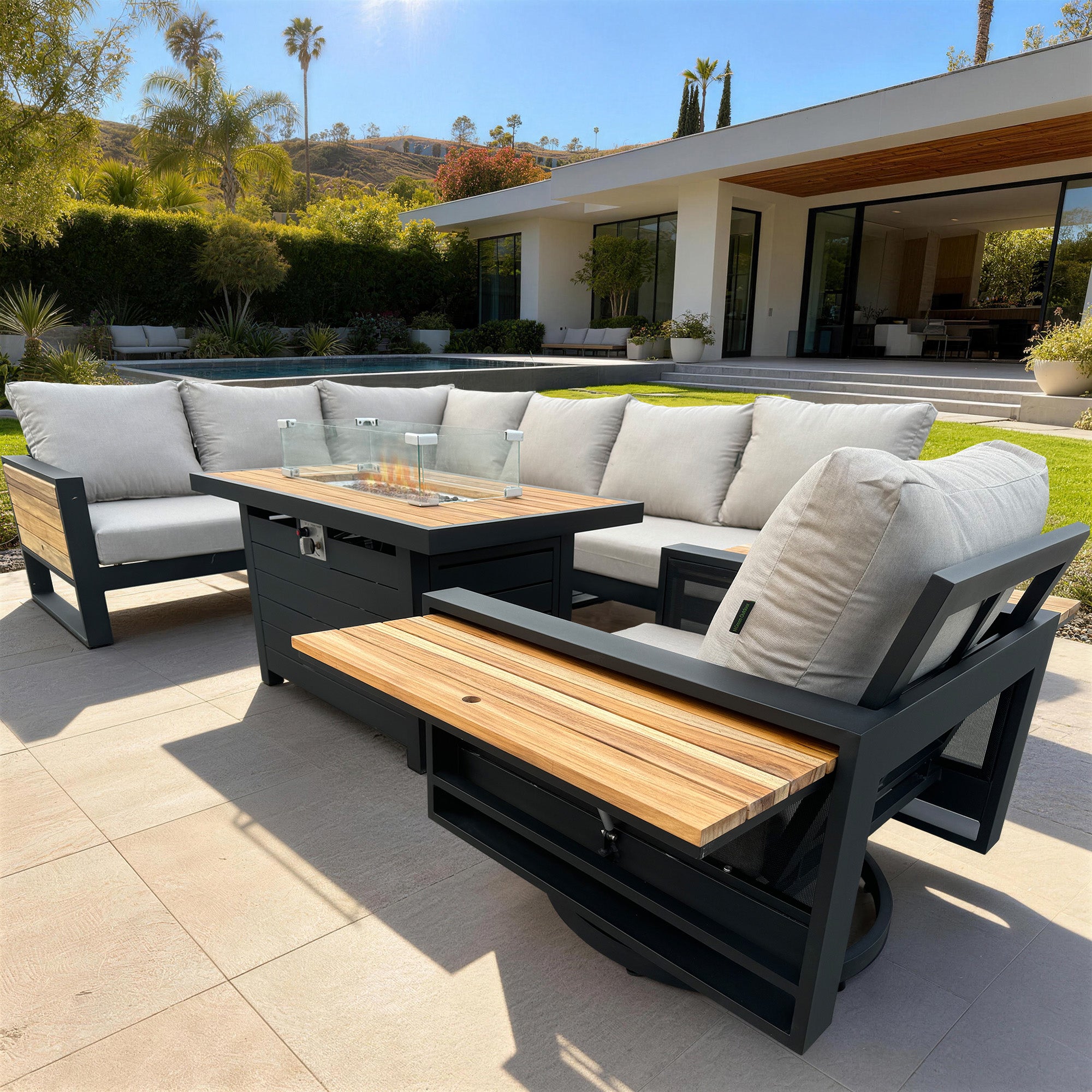 Denver 6-Piece Black Aluminum Outdoor Patio Fire Pit Deep Sectional Seating Set with Cushions