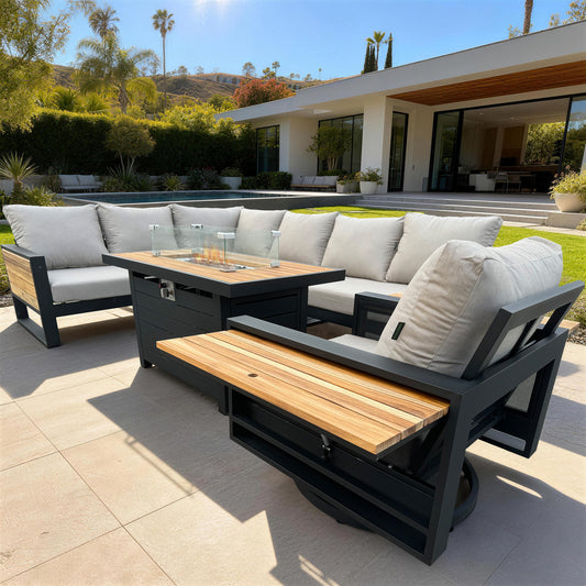Denver 6-Piece Black Aluminum Outdoor Patio Fire Pit Deep Sectional Seating Set with Cushions