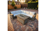 Naples 5-Piece Brown Wicker Aluminum Outdoor Patio Fire Pit Deep Sectional Seating Set with Cushions