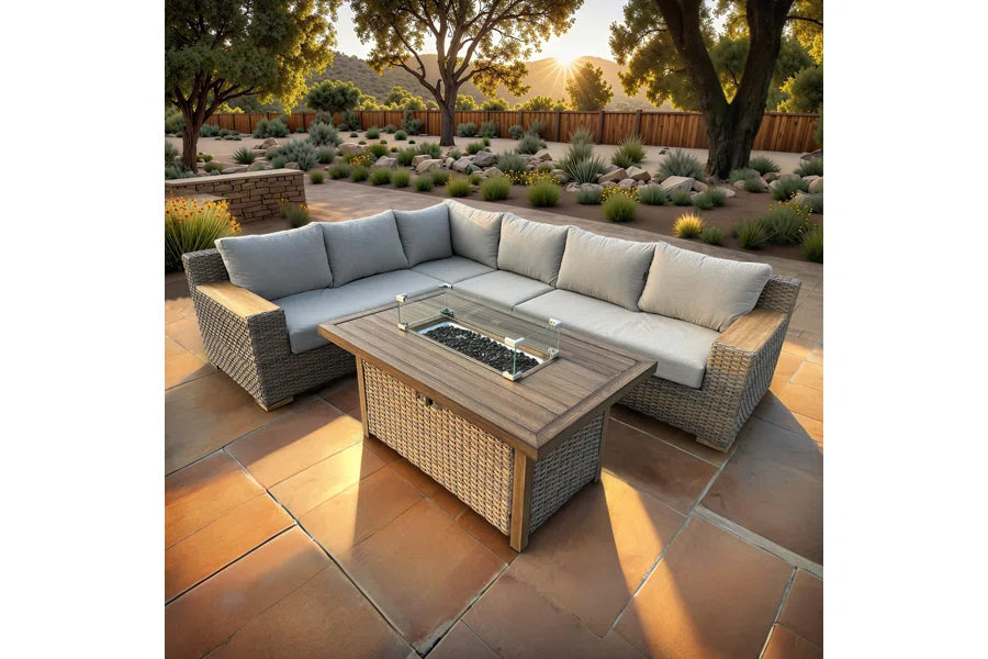 Naples 5-Piece Brown Wicker Aluminum Outdoor Patio Fire Pit Deep Sectional Seating Set with Cushions