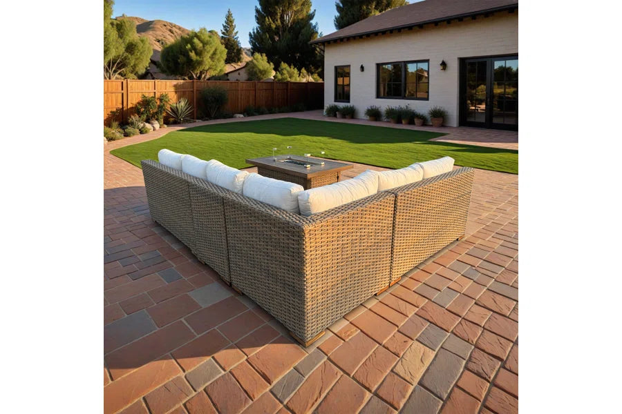 Naples 5-Piece Brown Wicker Aluminum Outdoor Patio Fire Pit Deep Sectional Seating Set with Cushions