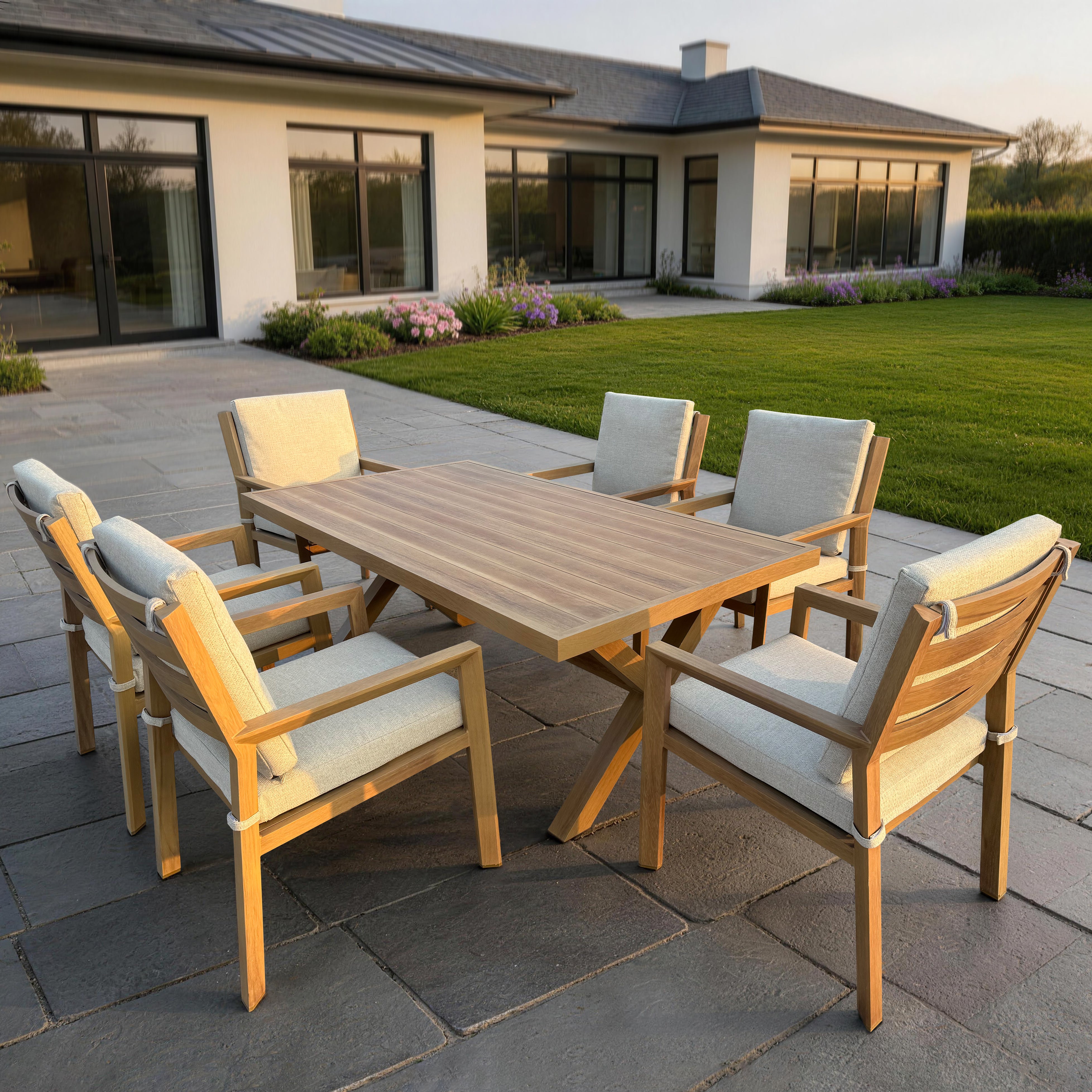 Havana 7-Piece Brown Wood-look Aluminum Outdoor Dining Table Set with Oatmeal Cushions