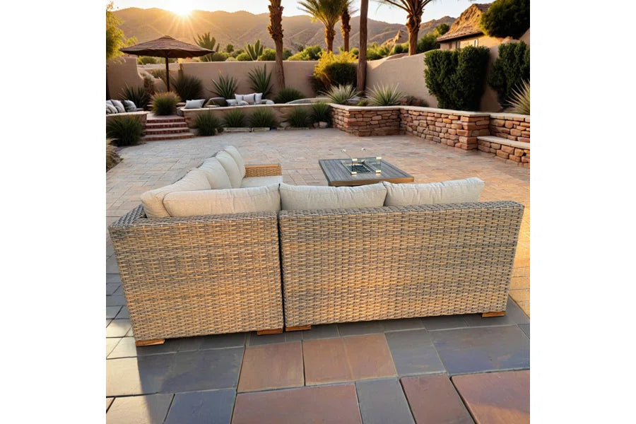Naples 5-Piece Brown Wicker Aluminum Outdoor Patio Fire Pit Deep Sectional Seating Set with Cushions