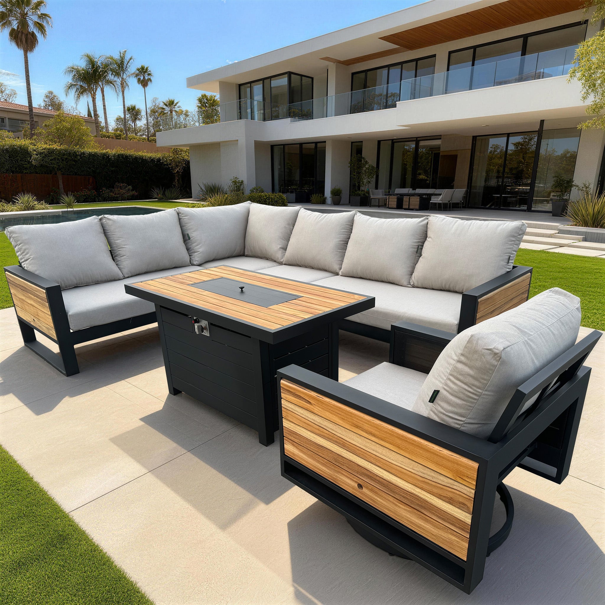 Denver 6-Piece Black Aluminum Outdoor Patio Fire Pit Deep Sectional Seating Set with Cushions