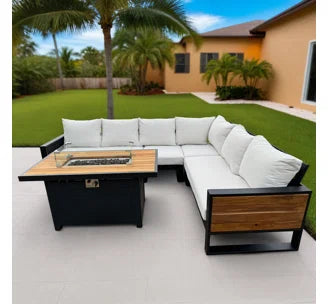 Denver 5-Piece Black Aluminum Outdoor Patio Fire Pit Deep Sectional Seating Set with Cushions