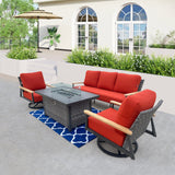 Manbo 4-Piece Wicker Patio Fire Pit Seating Set with Acrylic Cast Breeze Cushions and Rectangular Fire Pit Table