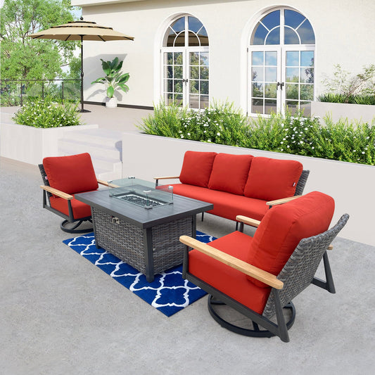 Manbo 4-Piece Wicker Patio Fire Pit Seating Set with Sunbrella Canvas Terroacotta Cushions and Rectangular Fire Pit Table