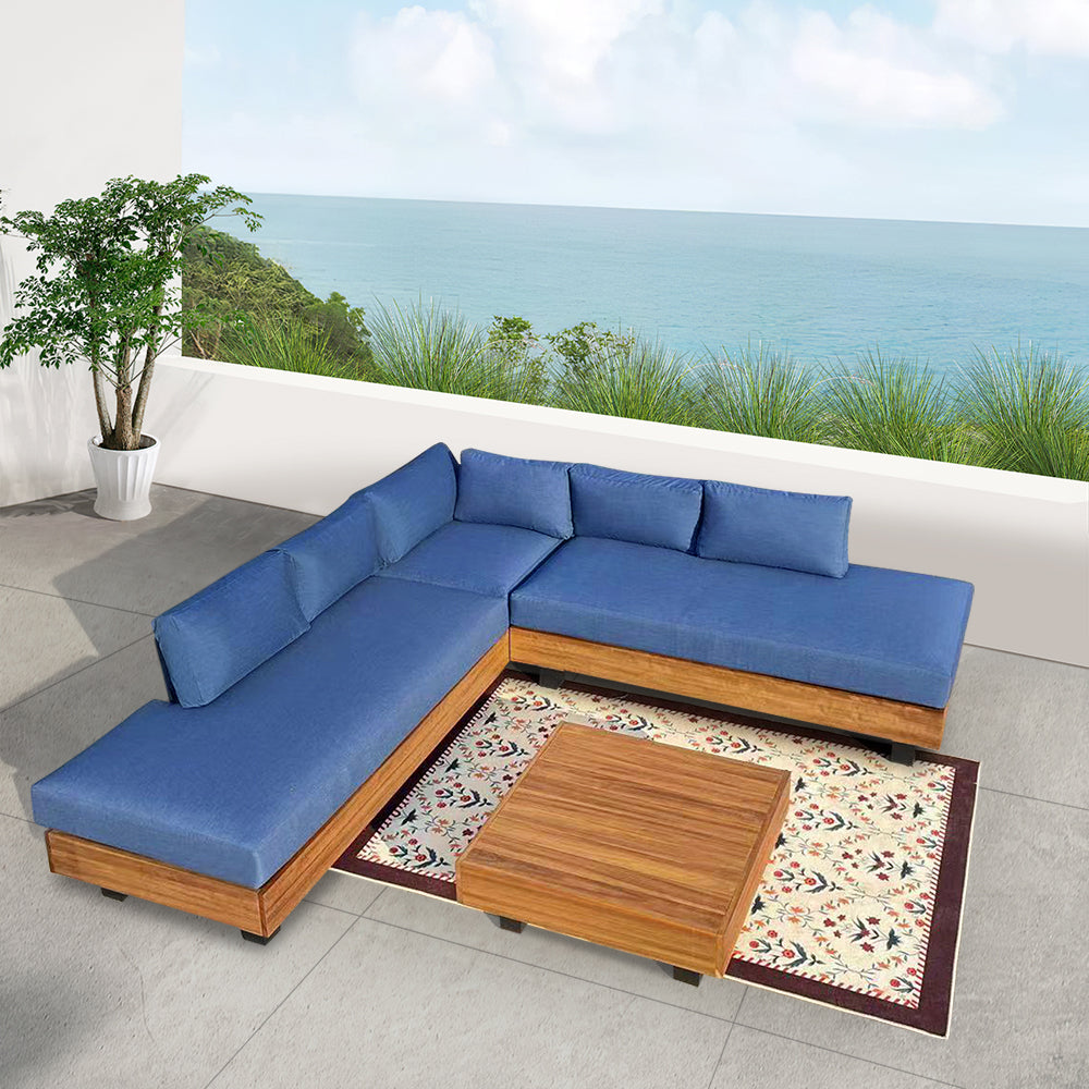Alden Teak Wood Outdoor Patio Sectional Sofa With Acrylic Cushions