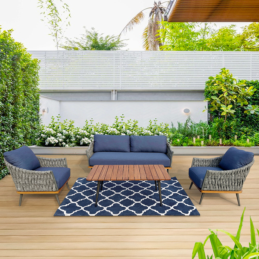 King 4-Piece Woven Rope Outdoor Conversation Set With Acrylic Cushions