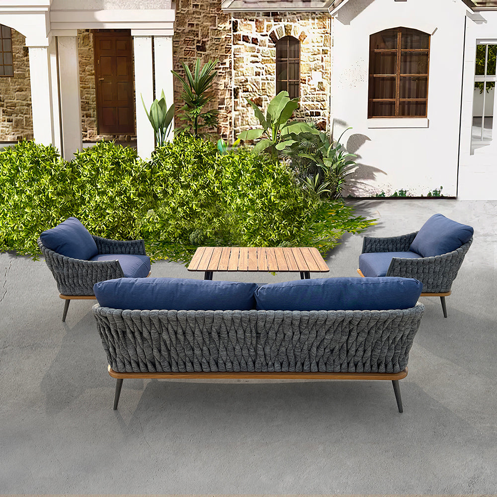 King 4-Piece Woven Rope Outdoor Conversation Set With Acrylic Cushions