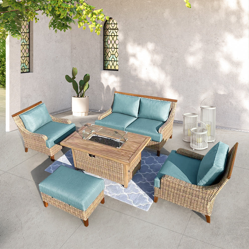 Amigo 5-Piece Wicker Patio Fire Conversation Set With Acrylic Cushions