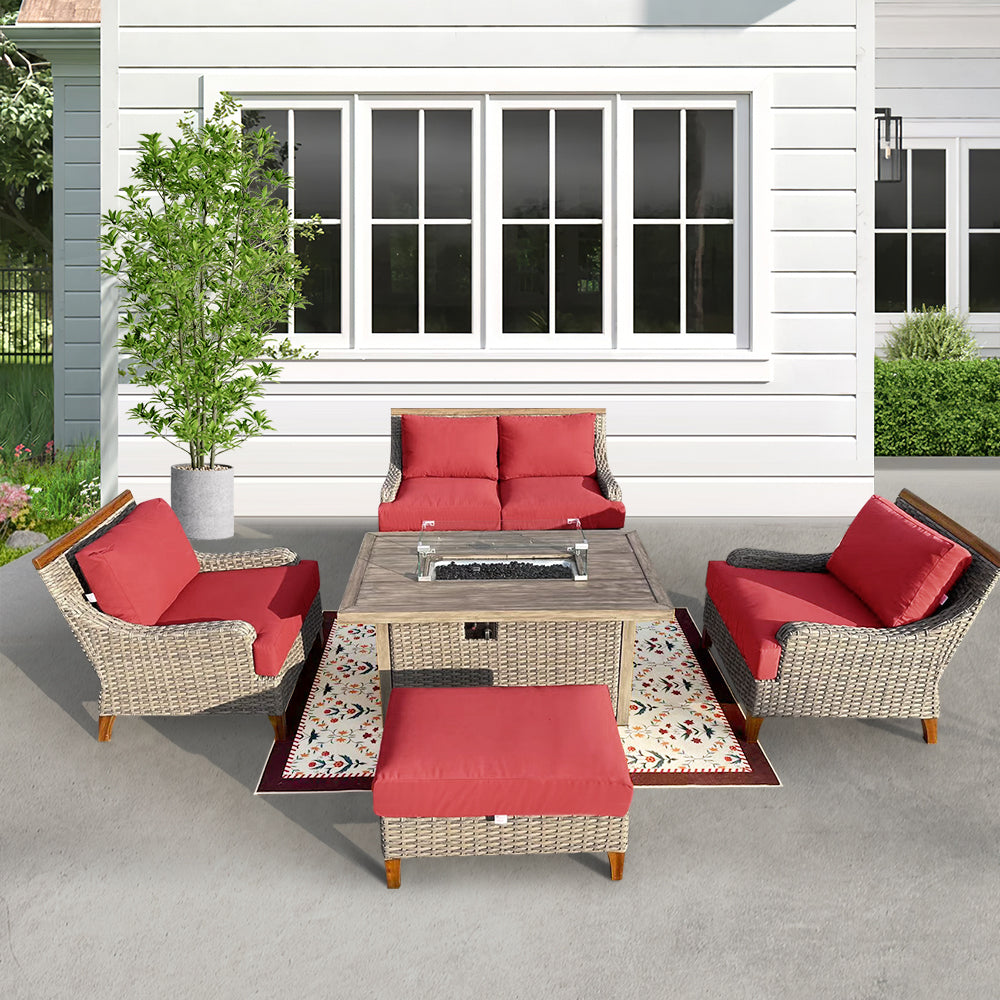 Amigo 5-Piece Wicker Patio Fire Conversation Set With Acrylic Cushions