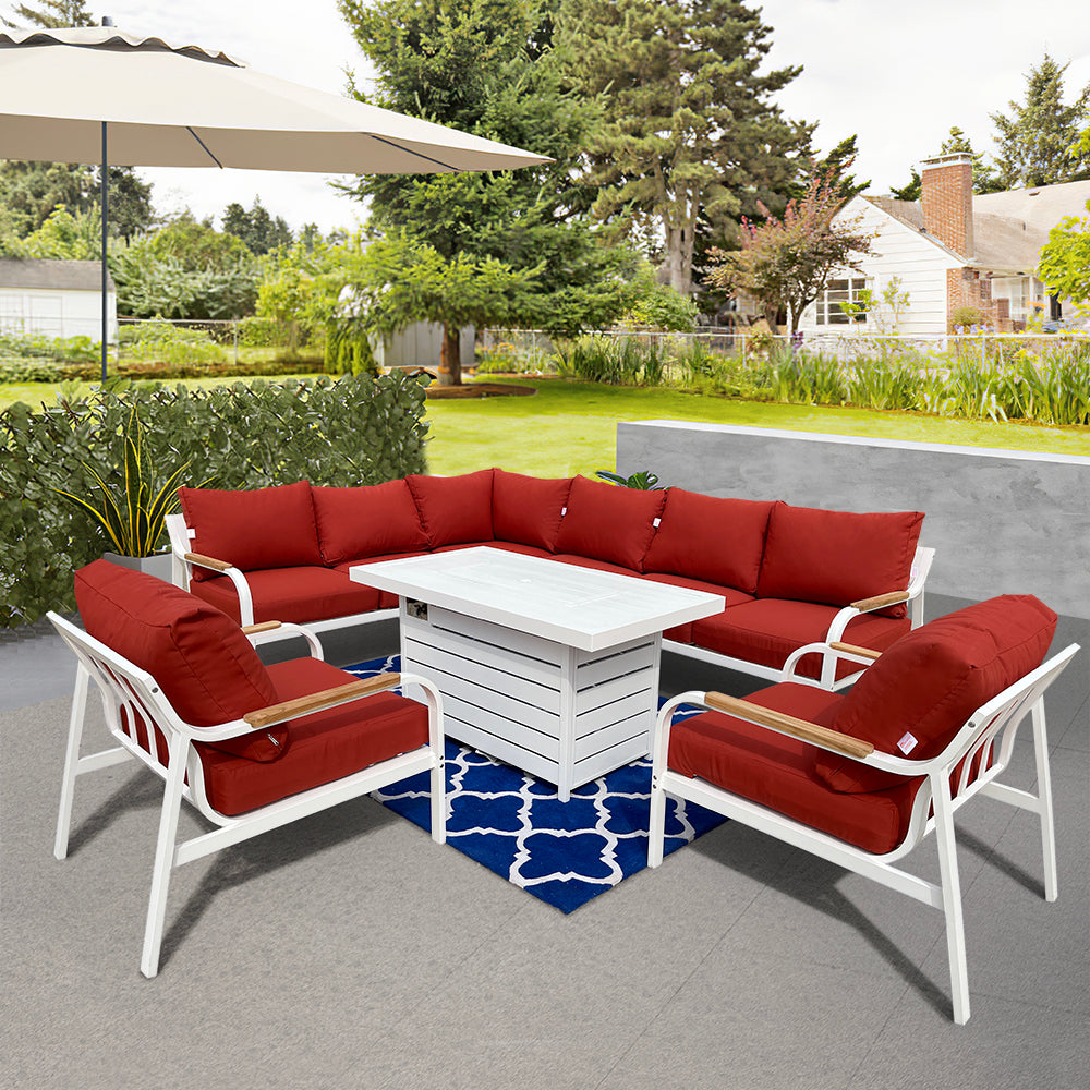 Camel 7-Piece Aluminium Outdoor Patio Fire Pit Seating Set With Acrylic Cushions