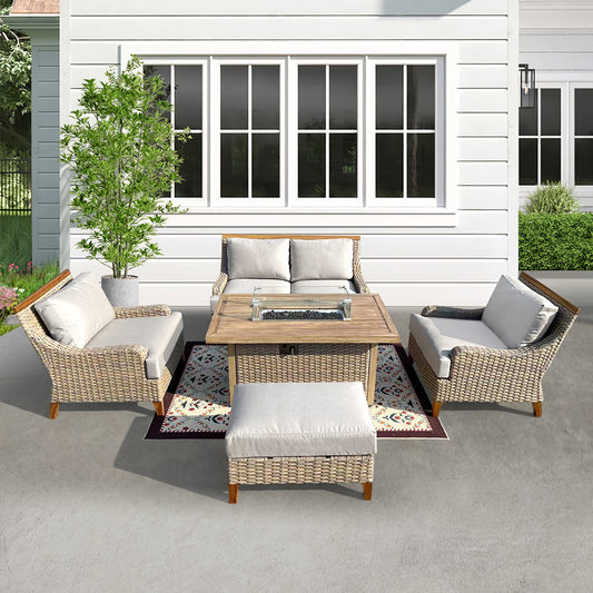 Amigo 5-Piece Wicker Patio Fire Conversation Set With Acrylic Cushions